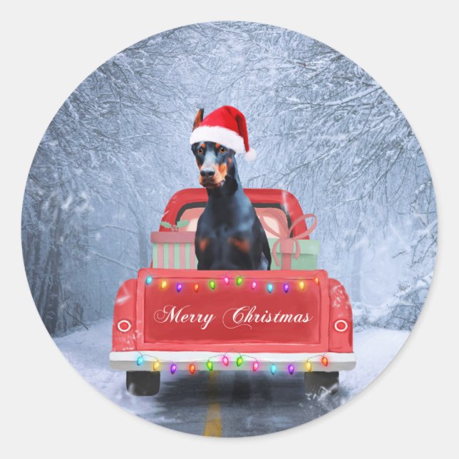 Doberman Dog in Snow sitting in Christmas Truck  Classic Round Sticker (Front)