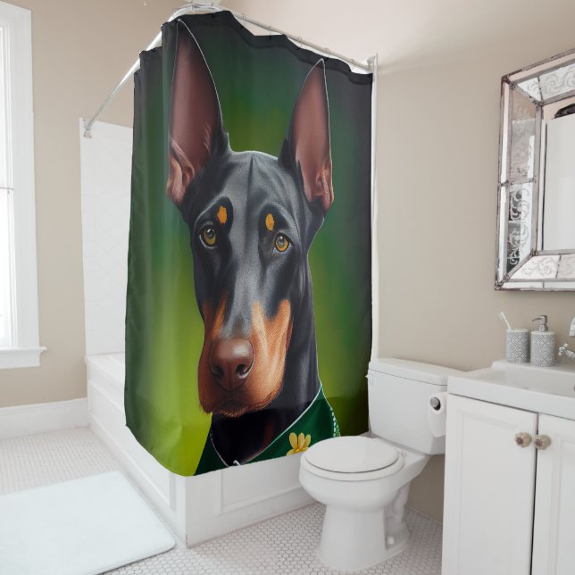Doberman Dog in St. Patrick's Day Dress Shower Curtain (In Situ)