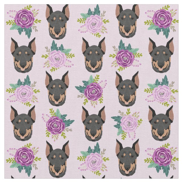 Doberman dog lavender florals fabric (Close Up)