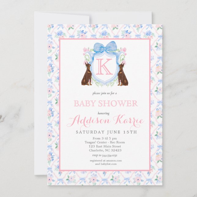 Doberman dog Monogram Crest Baby Shower Invitation (Front)