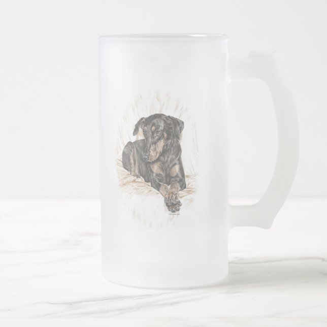Doberman Dog Natural Ears Frosted Glass Beer Mug (Right)