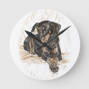 Doberman Dog Natural Ears Round Clock