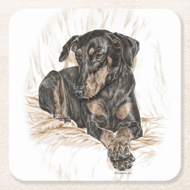 Doberman Dog Natural Ears Square Paper Coaster (Front)