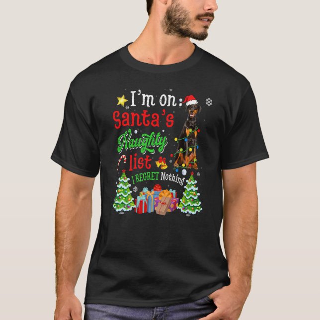 Doberman Dog On Santa's Naughty List Xmas T-Shirt (Front)