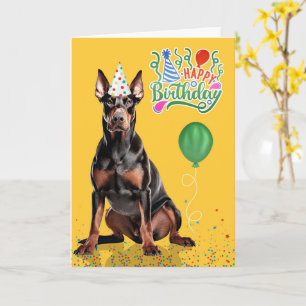 Doberman Dog Party Hat Yellow Birthday Card
