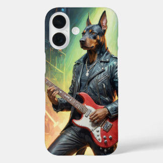 Doberman dog playing guitar on rock stage iPhone 16 case