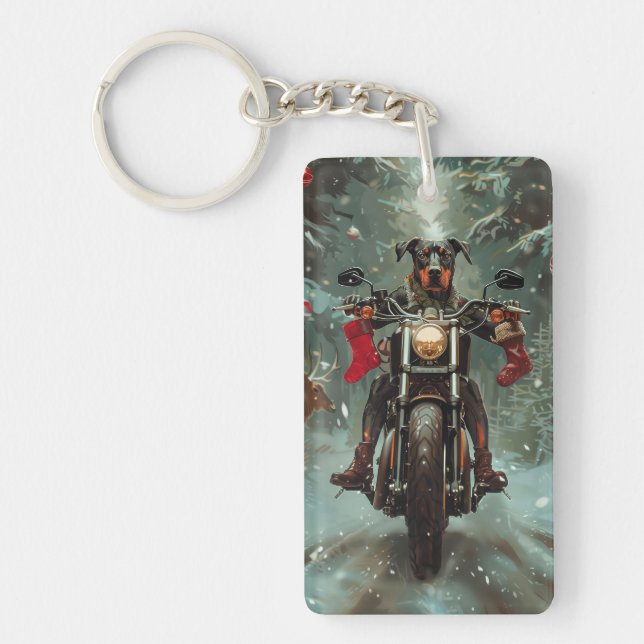 Doberman Dog Riding Motorcycle Christmas Key Ring (Front)