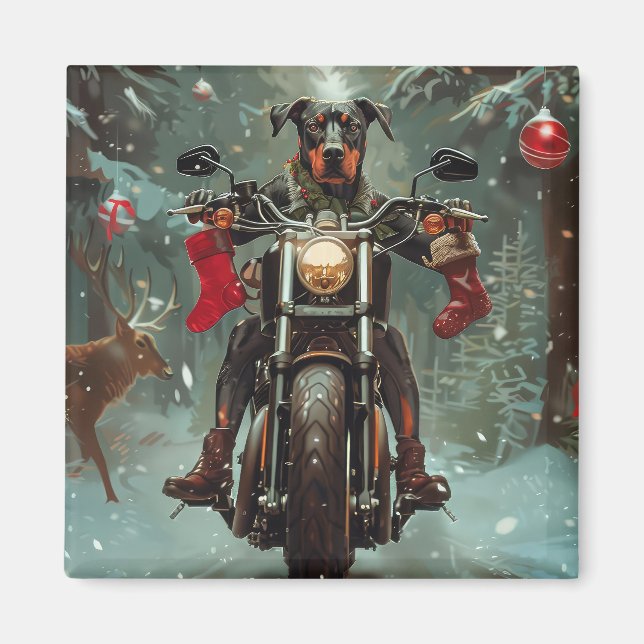 Doberman Dog Riding Motorcycle Christmas Magnet (Front)