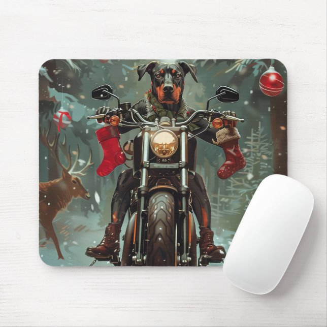 Doberman Dog Riding Motorcycle Christmas Mouse Mat (With Mouse)