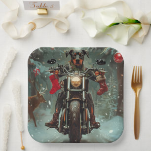 Doberman Dog Riding Motorcycle Christmas Paper Plate