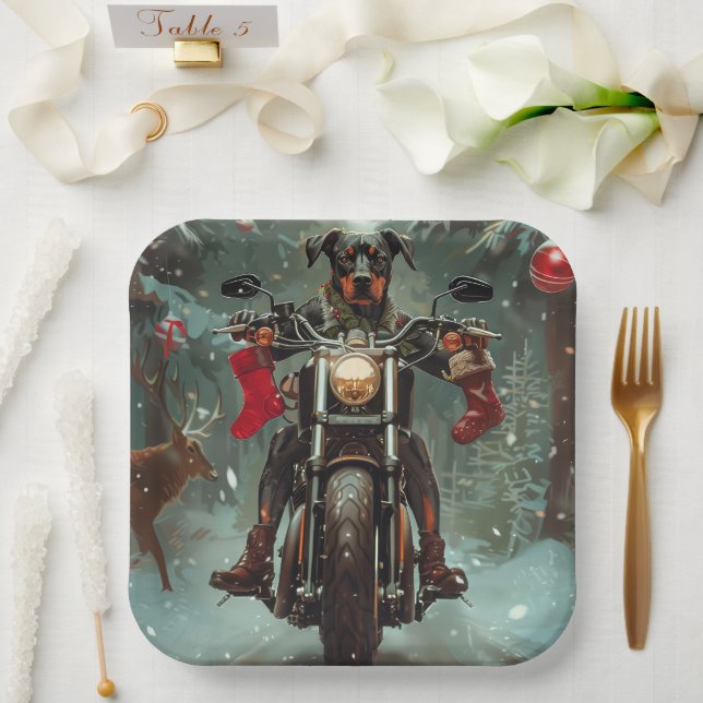 Doberman Dog Riding Motorcycle Christmas Paper Plate (Wedding)