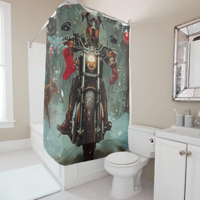 Doberman Dog Riding Motorcycle Christmas Shower Curtain (In Situ)