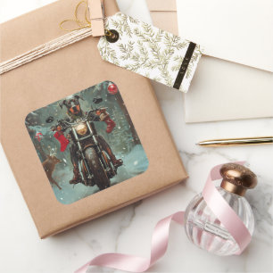 Doberman Dog Riding Motorcycle Christmas Square Sticker