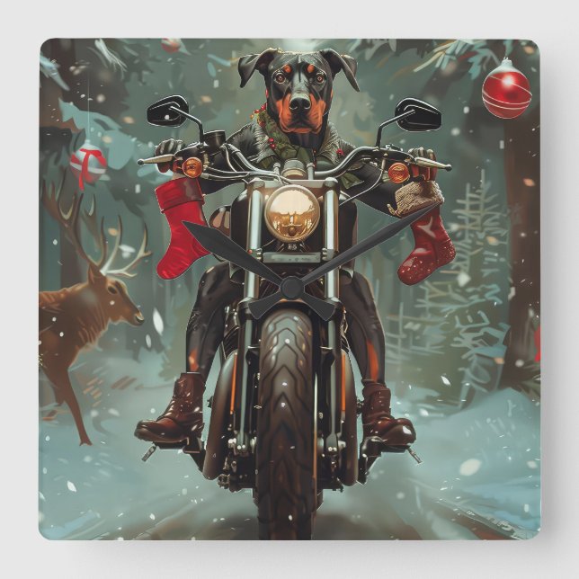 Doberman Dog Riding Motorcycle Christmas Square Wall Clock (Front)