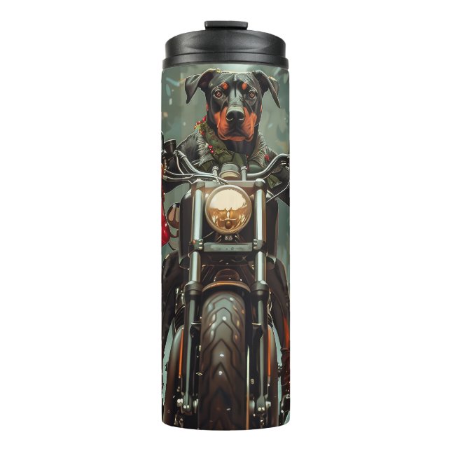 Doberman Dog Riding Motorcycle Christmas Thermal Tumbler (Front)