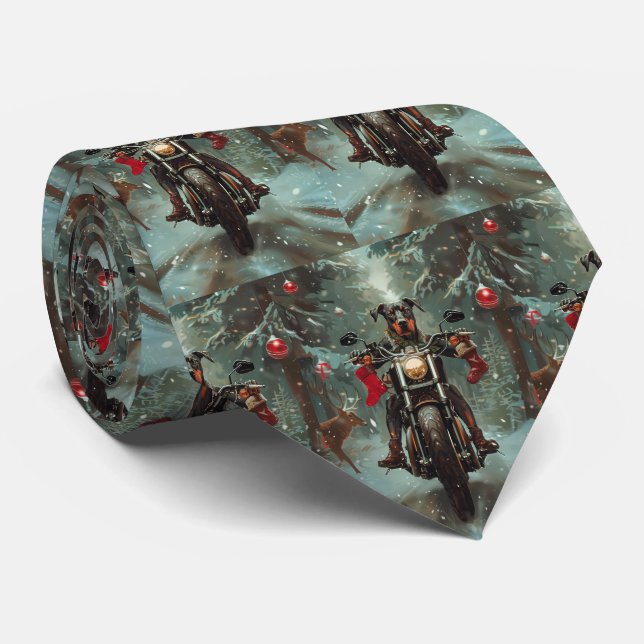 Doberman Dog Riding Motorcycle Christmas Tie (Rolled)