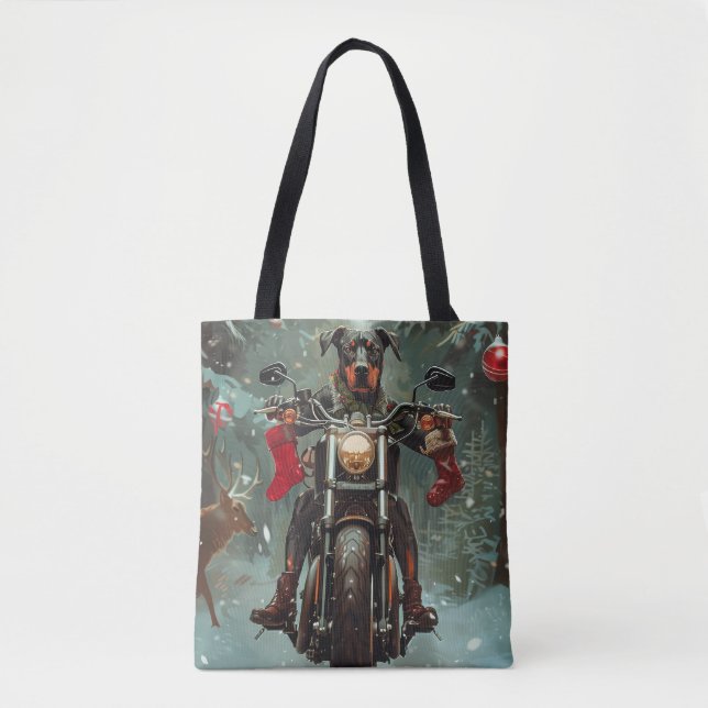 Doberman Dog Riding Motorcycle Christmas Tote Bag (Front)