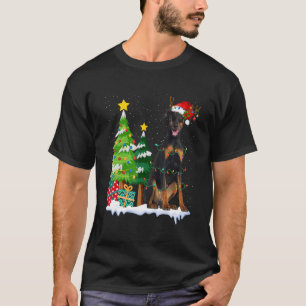 Doberman Dog Santa Hat Reindeer Christmas Lights T-Shirt