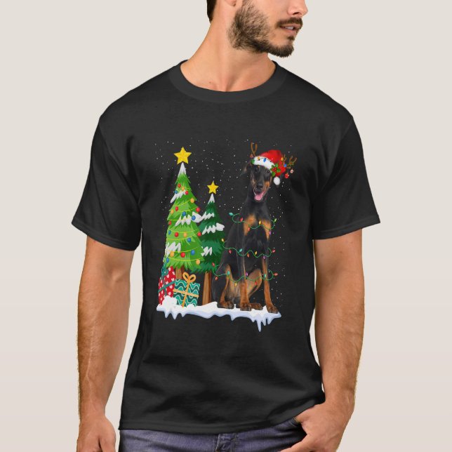 Doberman Dog Santa Hat Reindeer Christmas Lights T-Shirt (Front)