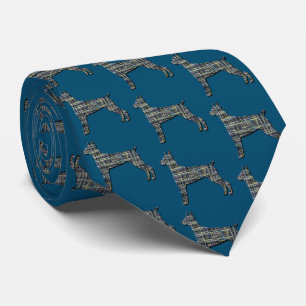 Doberman Dog Silhouette Y&B Grid Blue Tie