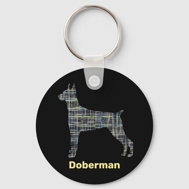 Doberman Dog Silhouette Yellow & Black Grid Lines Key Ring (Front)