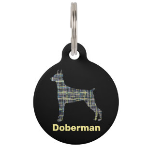 Doberman Dog Silhouette Yellow & Black Grid Lines Pet Tag