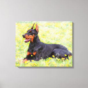 Doberman Dog sitting in garden Watercolor Painting Canvas Print