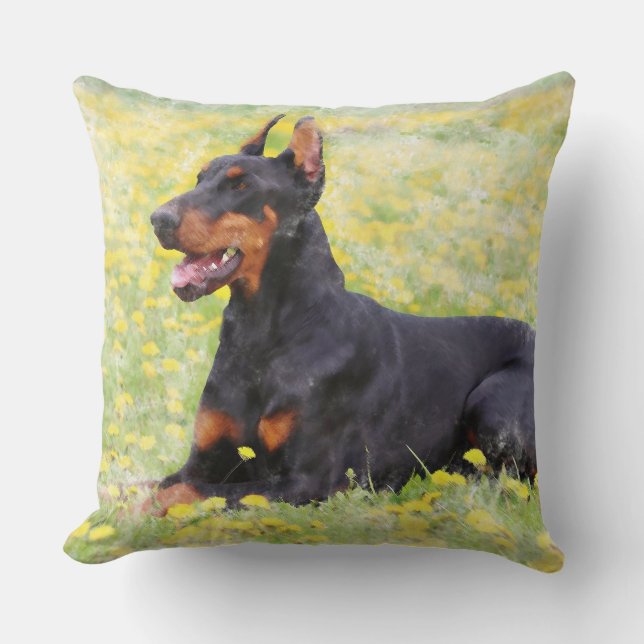 Doberman Dog sitting in garden Watercolor Painting Cushion (Front)