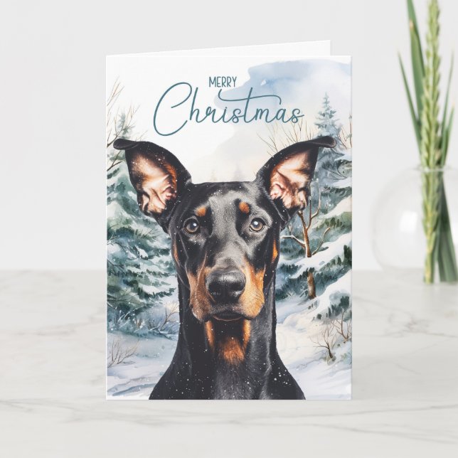 Doberman Dog Snowy Winter Pines Christmas Holiday Card (Front)