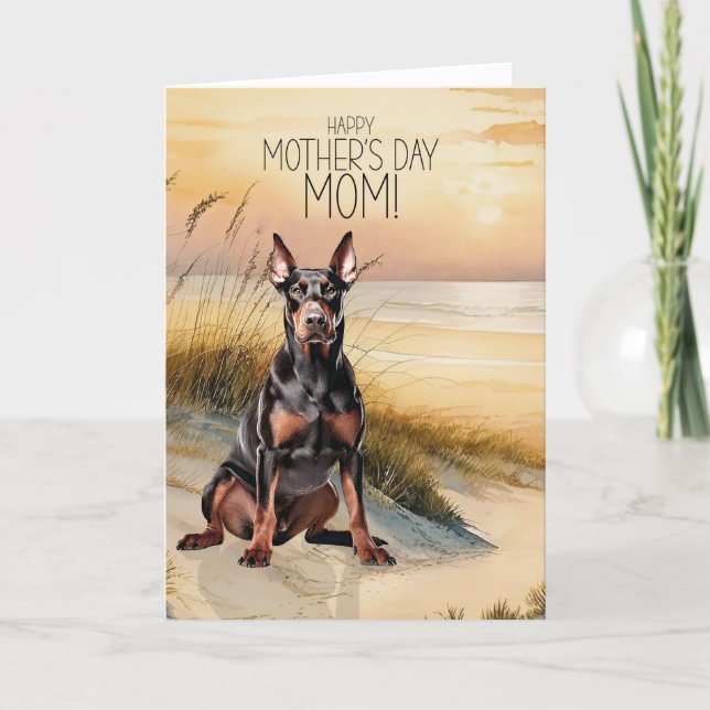 Doberman Dog Sunset Beach Mother's Day Holiday Card (Front)