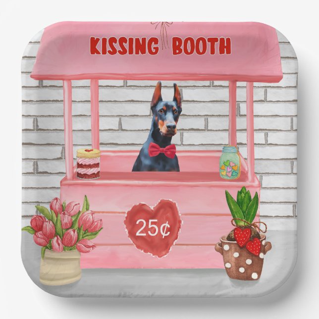 Doberman Dog Valentine's Day Kissing Booth Paper Plate (Front)