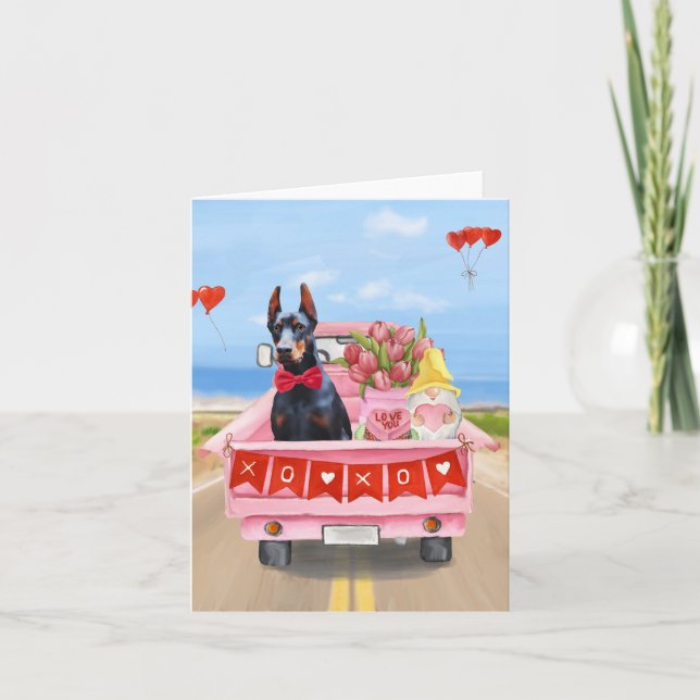Doberman Dog Valentine's Day Truck Hearts Card (Front)