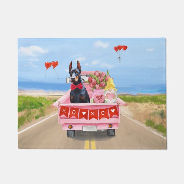 Doberman Dog Valentine's Day Truck Hearts Doormat (Front)