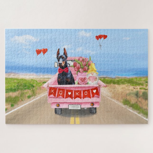 Doberman Dog Valentine's Day Truck Hearts Jigsaw Puzzle (Horizontal)