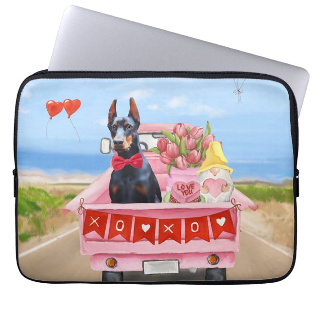 Doberman Dog Valentine's Day Truck Hearts Laptop Sleeve (Front)
