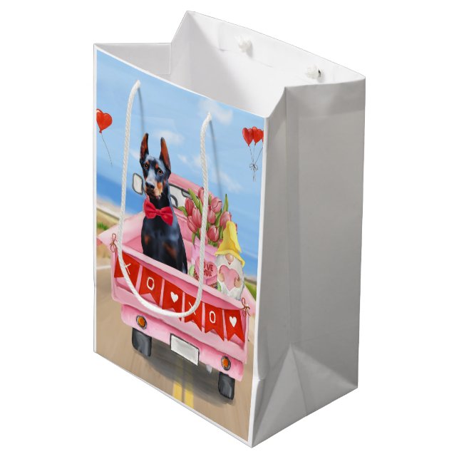 Doberman Dog Valentine's Day Truck Hearts Medium Gift Bag (Front Angled)