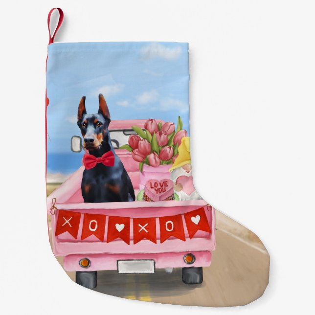 Doberman Dog Valentine's Day Truck Hearts Small Christmas Stocking (Front)