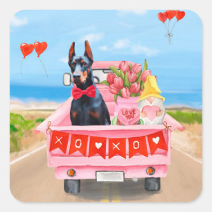 Doberman Dog Valentine's Day Truck Hearts Square Sticker