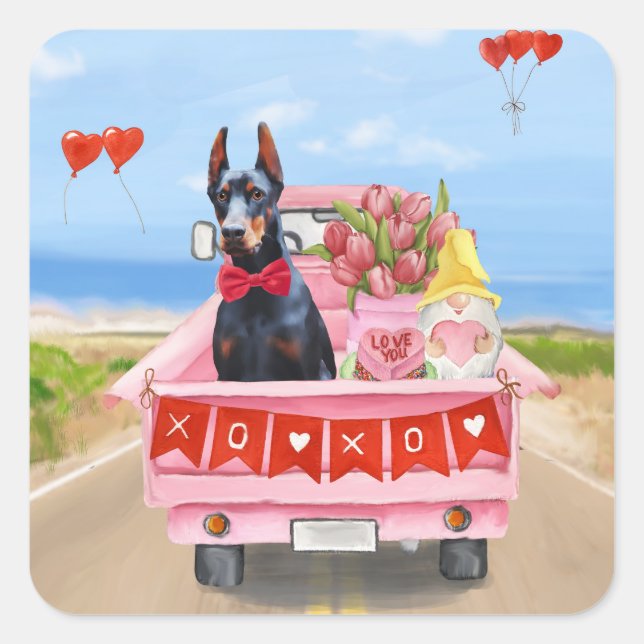 Doberman Dog Valentine's Day Truck Hearts Square Sticker (Front)