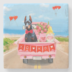 Doberman Dog Valentine's Day Truck Hearts Stone Coaster