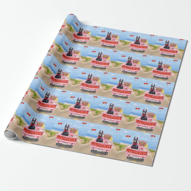 Doberman Dog Valentine's Day Truck Hearts Wrapping Paper (Unrolled)