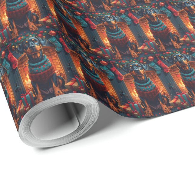 Doberman Dog With Christmas Gifts Fireplace Wrapping Paper (Roll Corner)