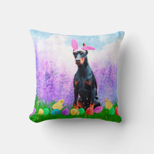 Doberman Dog with Easter Eggs Bunny Chicks Cushion