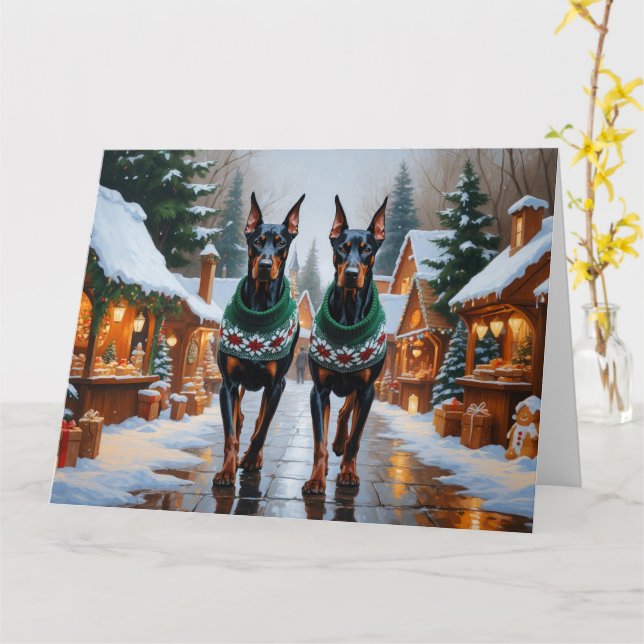 Doberman Dogs Christmas Snow Holiday  Card (Yellow Flower)