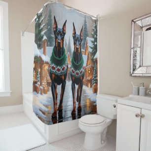Doberman Dogs Christmas Snow Holiday  Shower Curtain