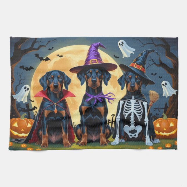 Doberman Dogs Pumpkin Halloween Funny Tea Towel (Horizontal)