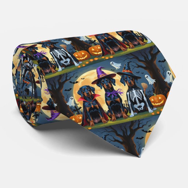 Doberman Dogs Pumpkin Halloween Funny Tie (Rolled)