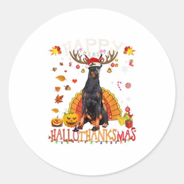 Doberman Happy Hallothanksmas Halloween Classic Round Sticker (Front)