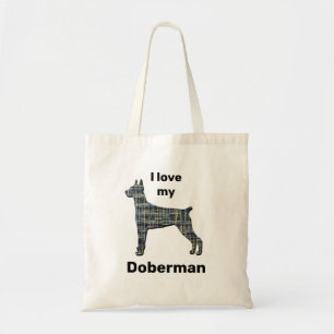 Doberman I Love My Dog Yellow & Black Grid Lines Tote Bag