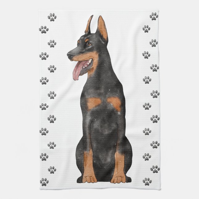 Doberman Illustration  Tea Towel (Vertical)